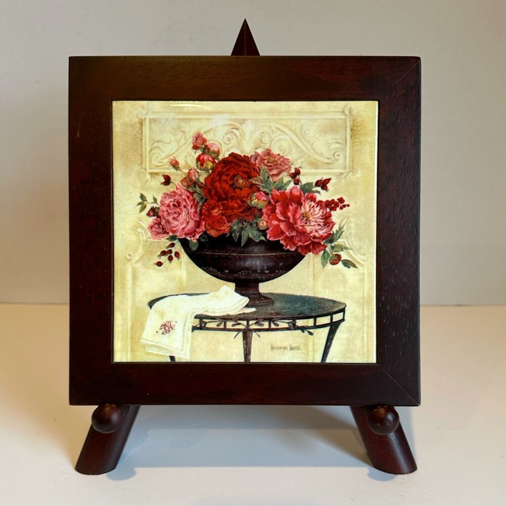 Kathryn White Artist "Linen with Peonies" Floral Framed Wall Tile/Trivet w/Easel